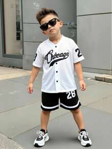 2 件装 小男孩 男孩休闲运动学院街头可爱度假字母图案开衫棒球夹克风格衬衫和短裤套装 适合儿童服装 幼儿男孩服装 返校男孩套装 适合生日派对、晚会、表演、婚礼、洗礼、开幕式 适合日常使用 适合上学 适合旅行 适合运动 适合春夏季节