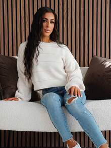 SAYEHFBABY 女式条纹落肩长袖短款休闲套头衫针织套头衫秋冬 - 彩色 - 查看 1