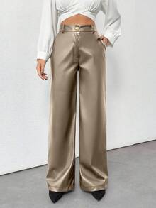 EURMUSE Prive Gold Button Detailed Straight Fit Leather Pant - Mocha Brown - View 7