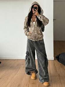 Coolane Women's Fall/Winter Couple Same Style/Couple Same Style/Basic/Going Out Knit Camo Thermal Lined Keep Warm Zip Up Army Green Baggy Long Sleeve Sweatshirt Camo Sweatshirt - Multicolor - View 4