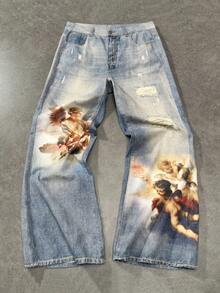 ROMWE MEN Street Life Jeans de pierna ancha y ajuste holgado con gráfico de ángel de bolsillo para hombres - Azul - Ver 1