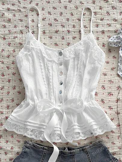 CovetEZ 女士休闲撞色蕾丝纽扣设计时尚吊带背心