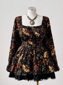 Sunspun Áo kiểu nữ cỡ lớn thanh lịch, phong cách bohemian cổ điển, in họa tiết, dáng rộng, cổ tròn, tay dài, viền bèo, thích hợp mặc hàng ngày, đi học, đi nghỉ mát, mùa xuân/hè/thu. - Nhiều màu - Xem 1