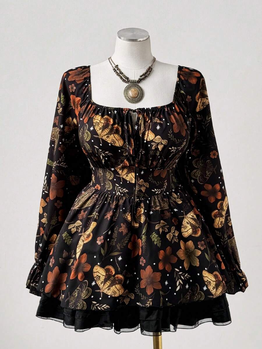 Sunspun Áo kiểu nữ cỡ lớn thanh lịch, phong cách bohemian cổ điển, in họa tiết, dáng rộng, cổ tròn, tay dài, viền bèo, thích hợp mặc hàng ngày, đi học, đi nghỉ mát, mùa xuân/hè/thu. - Nhiều màu - Xem 1