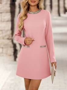 EMERY ROSE 女士亮片拼接圆领长袖时尚迷你连衣裙 - 粉色 - 查看 6