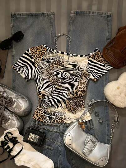 Glimmora Asymmetric Skeleton Print Slim Fit Casual Daily Women T-Shirt