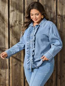 EMERY ROSE Plus Size Women Street Casual Comfortable Mid-Blue Non-Stretch Ruffle Trim Denim Blouse - Medium Wash - View 3