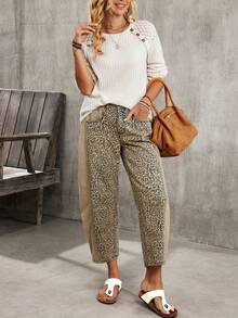 EMERY ROSE 女士休闲复古豹纹拼接低腰牛仔裤 - 淺灰色 - 查看 6