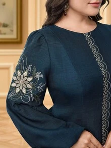 Al Najma Đầm xòe tay đèn lồng thêu hoa thanh lịch cỡ lớn cho nữ, phong cách nghỉ dưỡng - màu xanh lá - Xem 3