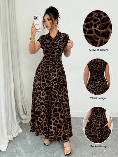 Rafferiza Vestido abotonado de manga corta con cuello, cintura ceñida y estampado de leopardo elegante para mujer