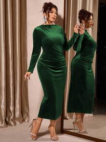 Cravure Vestido elegante de manga larga, ajustado y fruncido de unicolor para mujer de talla grande - Verde Oscuro - Ver 4