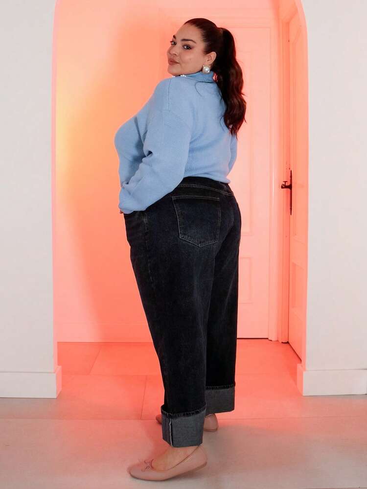 Pretty and Ole Plus Size High Waist Straight Jeans With Folded Hems, Ankle Pants, Comfortable Elastic Waistband, Retro Denim Fall Women Clothes - Dark Wash - View 10