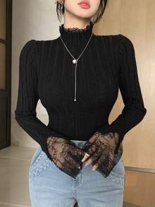 DAZY Women's Lace Trim Mock Neck Fitted Sweater, Stylish Layering Top For Autumn/Winter - Black - View 6