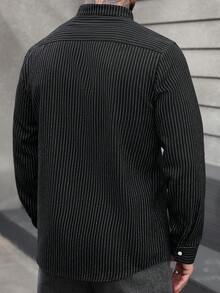 Manfinity CasualCool 男士经典修身竖条纹立领休闲衬衫，男士休闲通勤条纹衬衫，秋季款，男士轻薄透气亚麻条纹立领衬衫，男士纽扣衬衫，男士黑色纽扣衬衫 - 黑色 - 查看 2