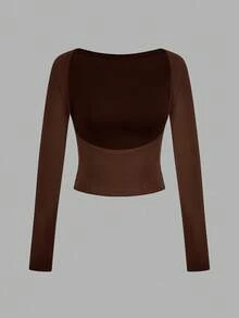 SHEIN EZwear 2 件套休闲纯色百搭露背圆领长袖短款修身女式 T 恤，适合春秋季节 - 彩色 - 查看 6