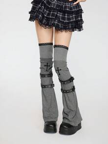 ROMWE Kawaii 1 Pair Of Punk Style Knitted Horn Socks, Niche Design Embroidered Cross, Lace Lace Boot Cover, Autumn And Winter Straps Stacking Socks Cover, Not Easy To Pilling Over Knee Leg Cover - Black grey - View 1