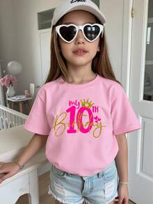 SHEIN Tween Girls' 3D Sequin 'My 10th Birthday' Graphic Round Neck Pink T-Shirt Clothes For Girls 10 10y Girl Clothing T Shirts For 10 Yr Old Girls - Pink - View 3
