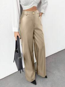 EURMUSE Prive Gold Button Detailed Straight Fit Leather Pants - Beige - View 4