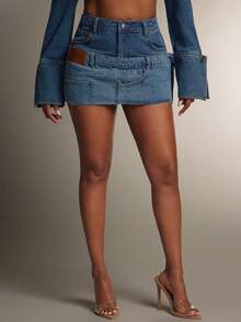 Denimoi Stacked Waist Low Rise Raw Hem Denim Micro Mini Skirt - Blue - View 2