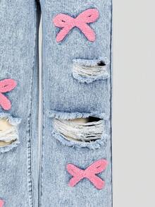 SHEIN ChillGRL Quần Jeans Denim Cho Bé Gái Tuổi Teen, Phong Cách Y2K Thêu Nơ Hồng, Ống Rộng Rộng, Chất Cotton Thoải Mái, Thích Hợp Mặc Hàng Ngày, Đi Học Và Đi Làm, Mọi Mùa - Rửa nhẹ - Xem 5