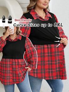 SHEIN CURVE+ Große Größen Stehkragen Karomuster Langarm Laterne Ärmel Strick Kontrastnaht Lässige Loose Bluse Hemden, Büromode Damen, Zwei Teile in einem mit Knopfverzierung/Herbst/Winter - Rot und Schwarz - Übersicht 1