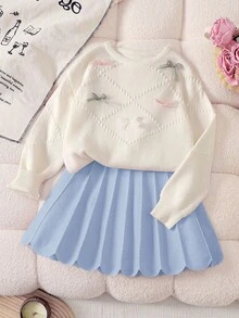 SHEIN 2 pièces Ensemble pour Jeunes Filles, Pull en Tricot Assorti avec Nœud Mignon et Jupe Plissée, Doux et Confortable, Adapté pour l'Hiver - Bleu azur - Voir 6