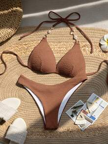 Swim Mod 女士纯色挂脖系带性感比基尼泳衣套装，夏季海滩 - 棕色 - 查看 4