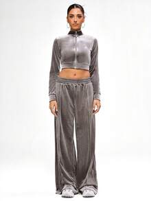 BABYPHAT Wide Leg Velour Trackpants With Embroidered Logo Elastic Waistband Side Pockets Luxurious Comfortable Loungewear Fall Winter Casual Pants - Grey - View 6