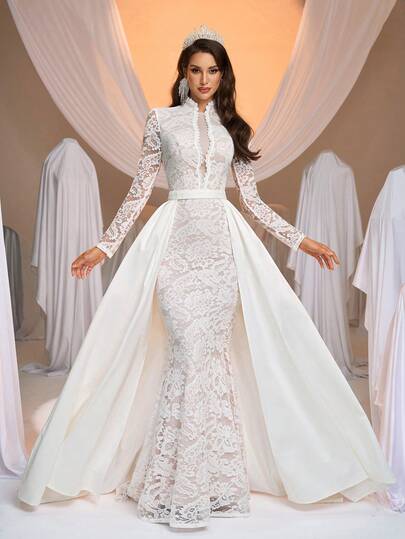 Aureia Elegant Lace Applique Stand Collar Backless Fitted Maxi Dress With Detachable Ruffle Mermaid Hem, Suitable For Weddings, Formal Events, And Parties