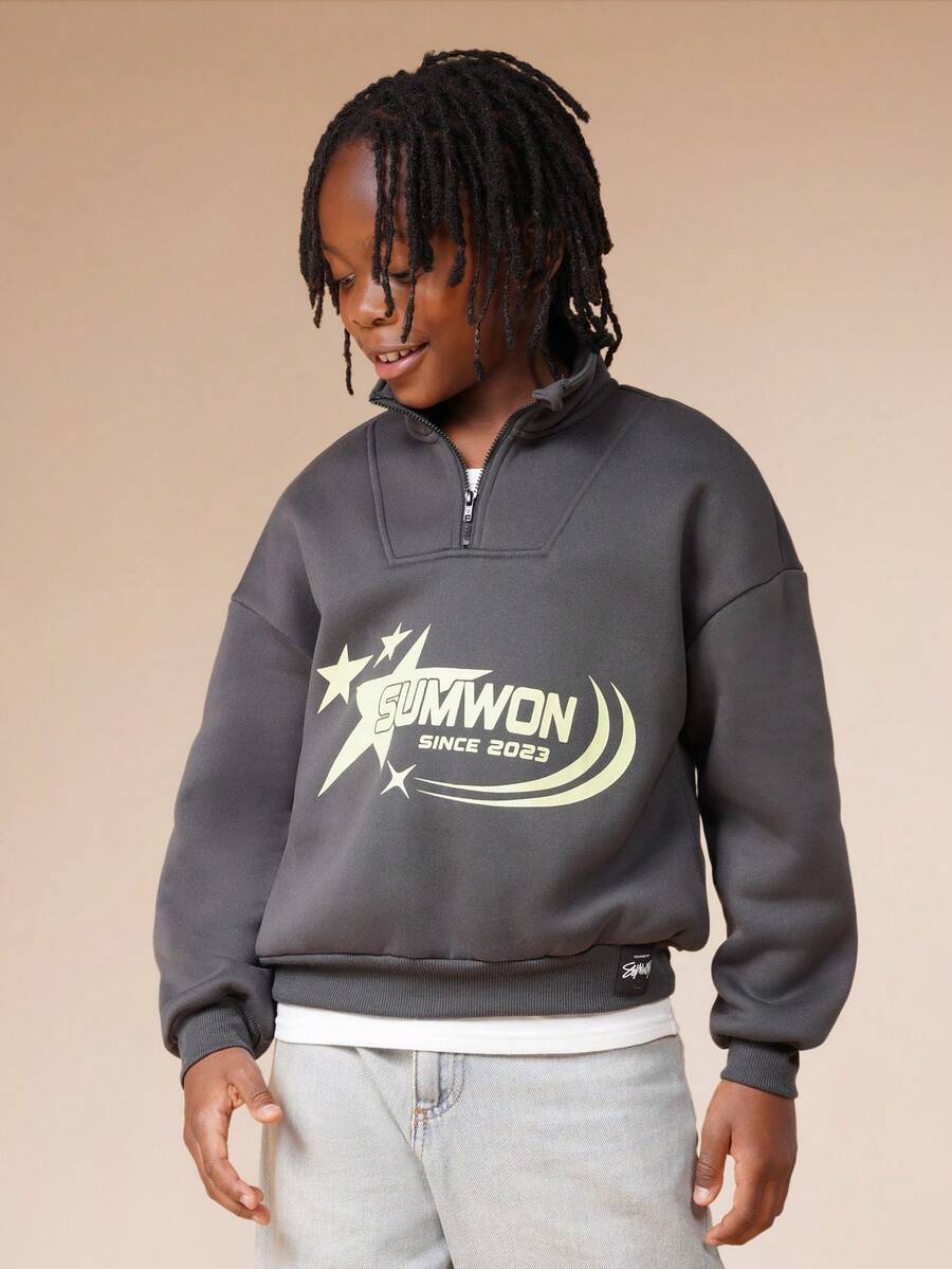 SUMWON Boys Quarter Zip Funnel Neck Sweatshirt With Logo Print Long Sleeve Casual Pullover Top Vacation - Dark Grey - View 1