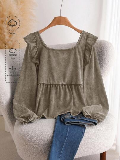 CosyJoli Plus Size Casual Flutter Sleeve Square Collar Bow T-Shirt, Long Sleeve Versatile Everyday Wear Winter Clothes For Women