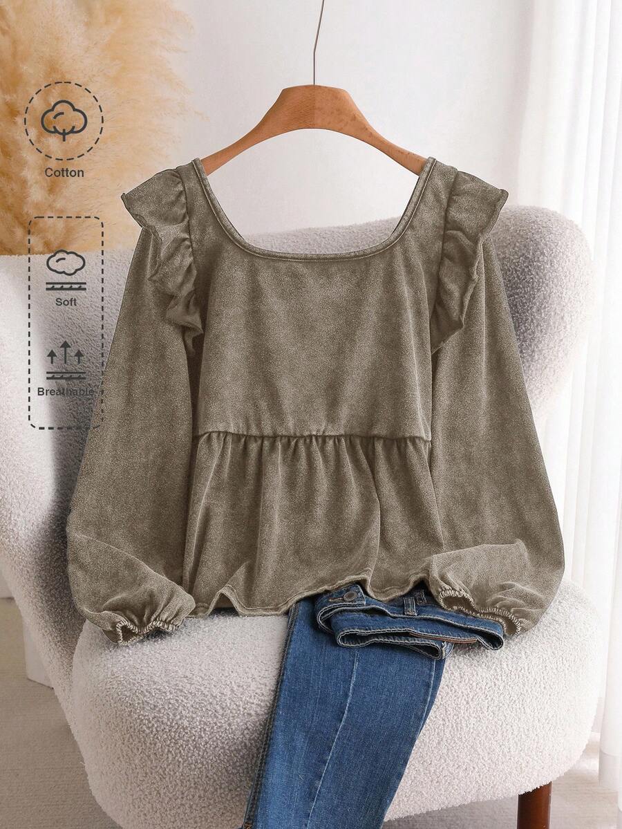 CosyJoli Plus Size Casual Lantern Sleeve Square Neck Ruffle Trim T-Shirt, Long Sleeve Versatile Everyday Wear Winter For Women - Brown - View 1