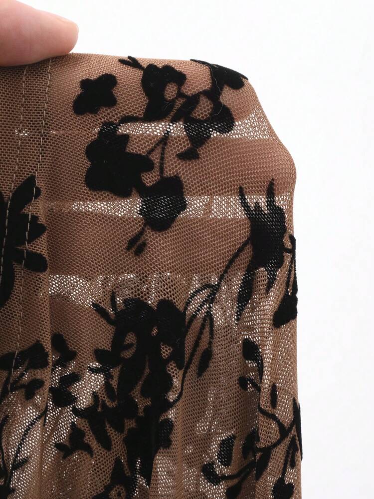 Flocked Printed Tight Fit Sexy Crop Long Sleeve T-Shirt