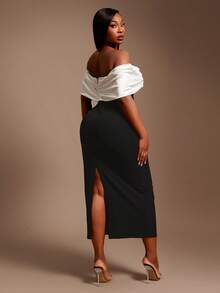 Radiana 大码女士性感优雅黑白撞色大蝴蝶结修身抹胸连衣裙，适合情人节、约会之夜、派对、正式场合、宴会等场合。 - 黑與白 - 查看 5