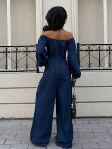 Siren Gaze 休闲街头风露肩长袖女式牛仔连体裤 - 深色水洗藍 - 查看 2