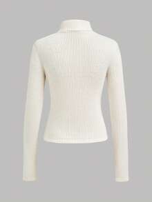 SHEIN Camiseta de manga larga con cuello alto, puños y dobladillo acanalados y suaves de unicolor para adolescentes