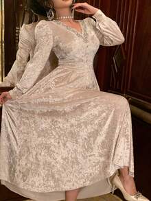 DAZY 优雅收腰连衣裙，V领，天鹅绒衬里，杏色，女士长款舞会礼服 - 杏色 - 查看 2