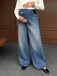 SHEIN 不对称腰身休闲阔腿孕妇牛仔裤，适合冬季、春季、圣诞节、新年、感恩节、通勤、度假、毕业典礼等场合，时尚百搭，可爱街头风，适合派对、婚礼、商务休闲等场合。透气牛仔阔腿牛仔裤，弹性腰带，棉质亲肤，宽松版型，蓝色牛仔裤，透气舒适，休闲直筒，简约百搭。 - 藍色 - 查看 8