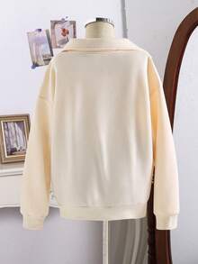 少女纯色落肩长袖拉链休闲宽松卫衣 - 杏色 - 查看 2