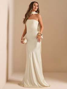 SHEIN BAE 优雅无肩带露背连衣裙，配腰带，性感纯色奶油黄色正式礼服，适合派对、鸡尾酒会、婚礼、生日、伴娘等场合 - 杏色 - 查看 6