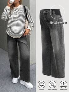 SHEIN Pregnant Women's Contrast Color Pocket Casual Versatile Wide-Leg Jeans Black Winter Spring Christmas New Year Thanksgiving Commuting Vacation Graduation Chic Y2k Cute Streetwear Party Wedding Elegant Business Casual Woman Women's Stylish Dark Wash Denim Jeans With Elastic High Waist And Wide Leg Fit For Everyday Comfort Maternity Jeans Everyday Maternity Style Comfortable Wear - Black - View 9