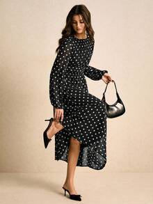 Poéselle Women's Polka Dot Print Round Neck Lantern Sleeve Ruched Long Dress - Black - View 1