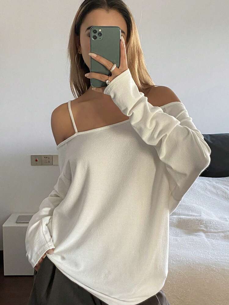 Women's Solid Color Off-Shoulder Long Sleeve Casual Loose T-Shirt