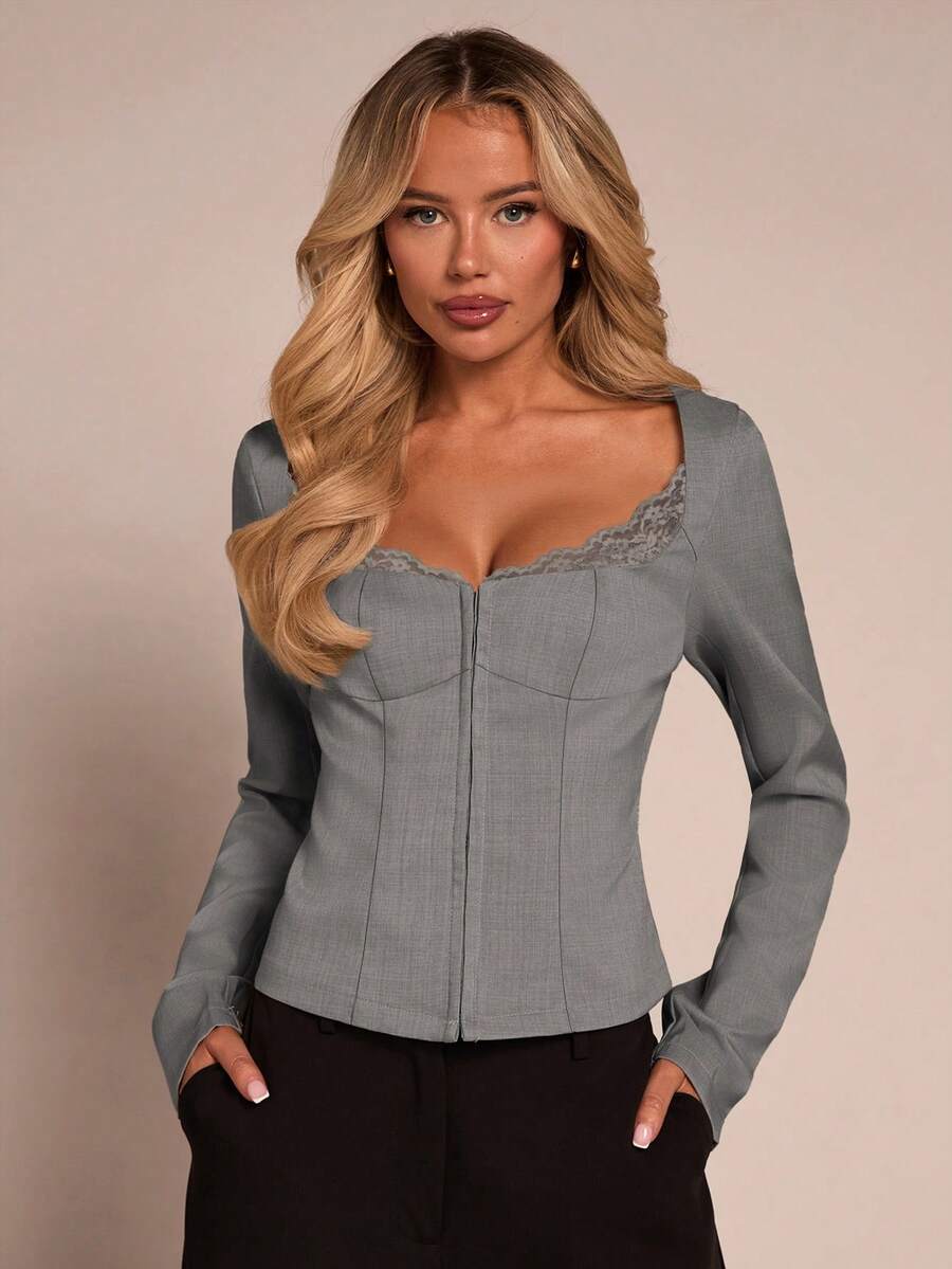 Glamine Sexy Office Lady Style Contrast Lace Buttoned Fitted Long Sleeve Jacket, Suitable For Office Wear And Everyday Casual - Grey - View 1