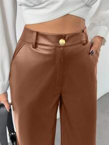 EURMUSE Prive Gold Button Detailed Straight Fit Leather Pants - Chocolate Brown - View 3