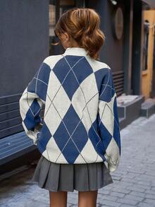 EURMUSE Women Mock Neck Diamond Pattern Drop Shoulder Pullover - Navy Blue - View 2