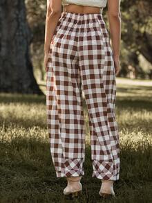 WESTFADE 宽松格纹抽绳高腰低帮九分宽松筒裤，适合秋季、冬季穿着，可爱休闲，带有格子图案，西部风情，波西米亚风，纳什维尔牛仔风，适合假日、圣诞节、新年等场合。 - 卡其色 - 查看 4