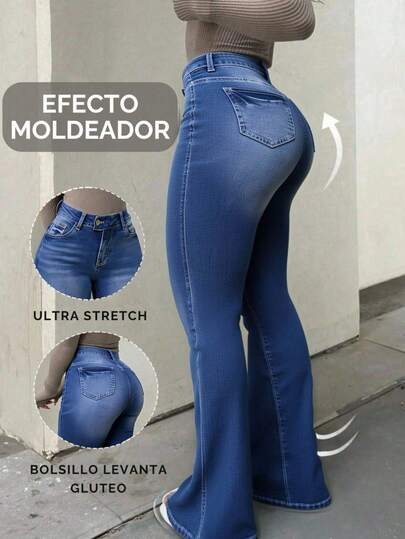 Jeans de campana de unicolor con efecto de bigotes de gato para mujeres, Pantalones vaqueros Acampanados, Jeans Para Mujer Azul Tejido Elástico, Bolsillos Diagonales, Pantalones Campana Casuales Pantalón De Mezclilla Dama