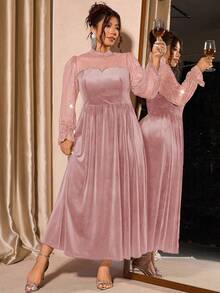 Cravure 大码女式网纱天鹅绒优雅泡泡袖连衣裙，收腰设计，适合派对穿着 - 粉色 - 查看 5