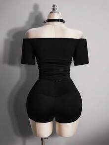 SHEIN ICON Quần short thời trang cạp chun đính đá chéo cỡ lớn cho nữ - màu đen - Xem 2